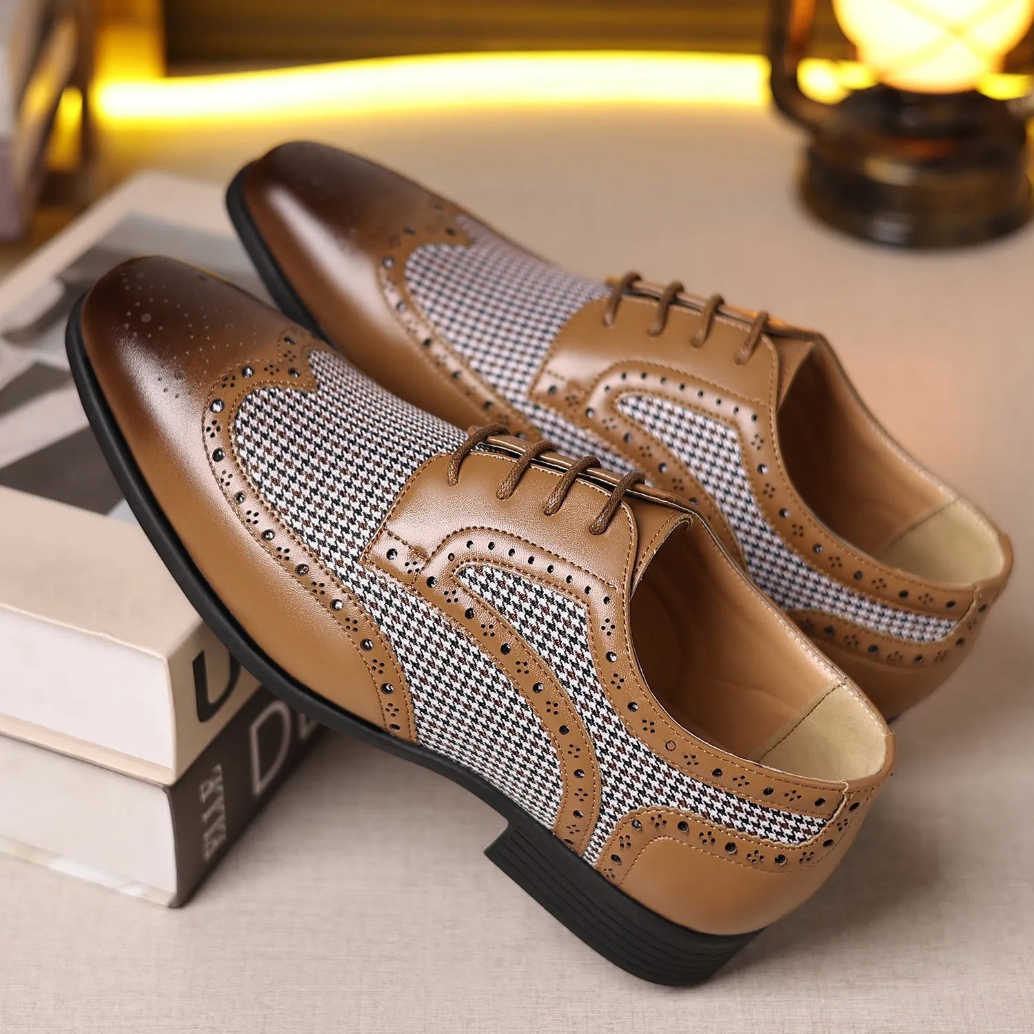 Men's casual leather shoes with imitation houndstooth plaid pattern, square toe, and front lace-up design