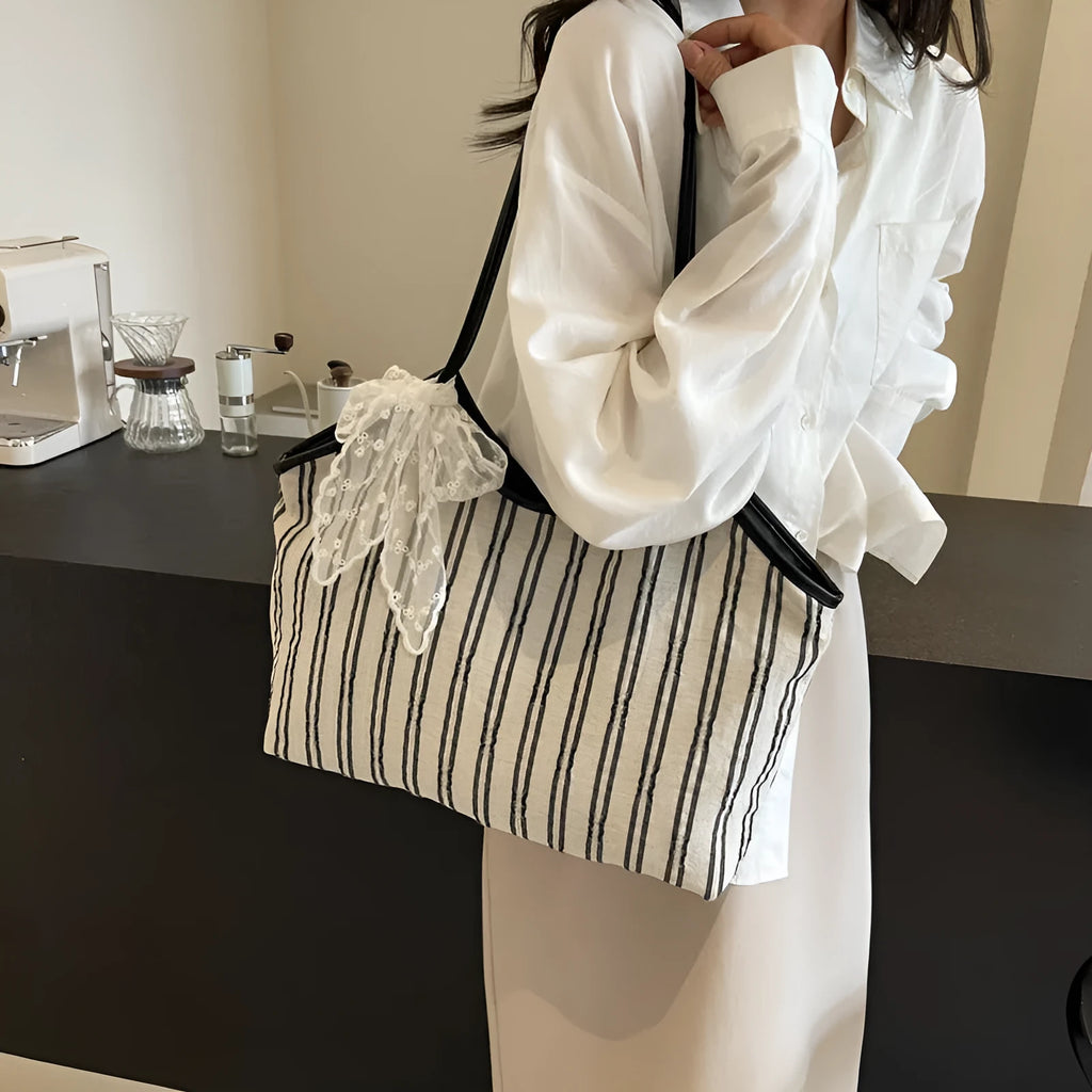Striped cloth simple Korean style bucket shoulder messenger bag for women with peach skin lining and beige ribbon scarf