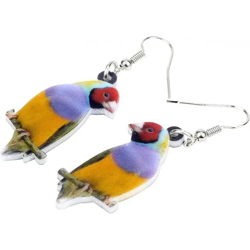 Acrylic blue titmouse pendant earrings with geometric animal and snake zodiac design in colourful printing