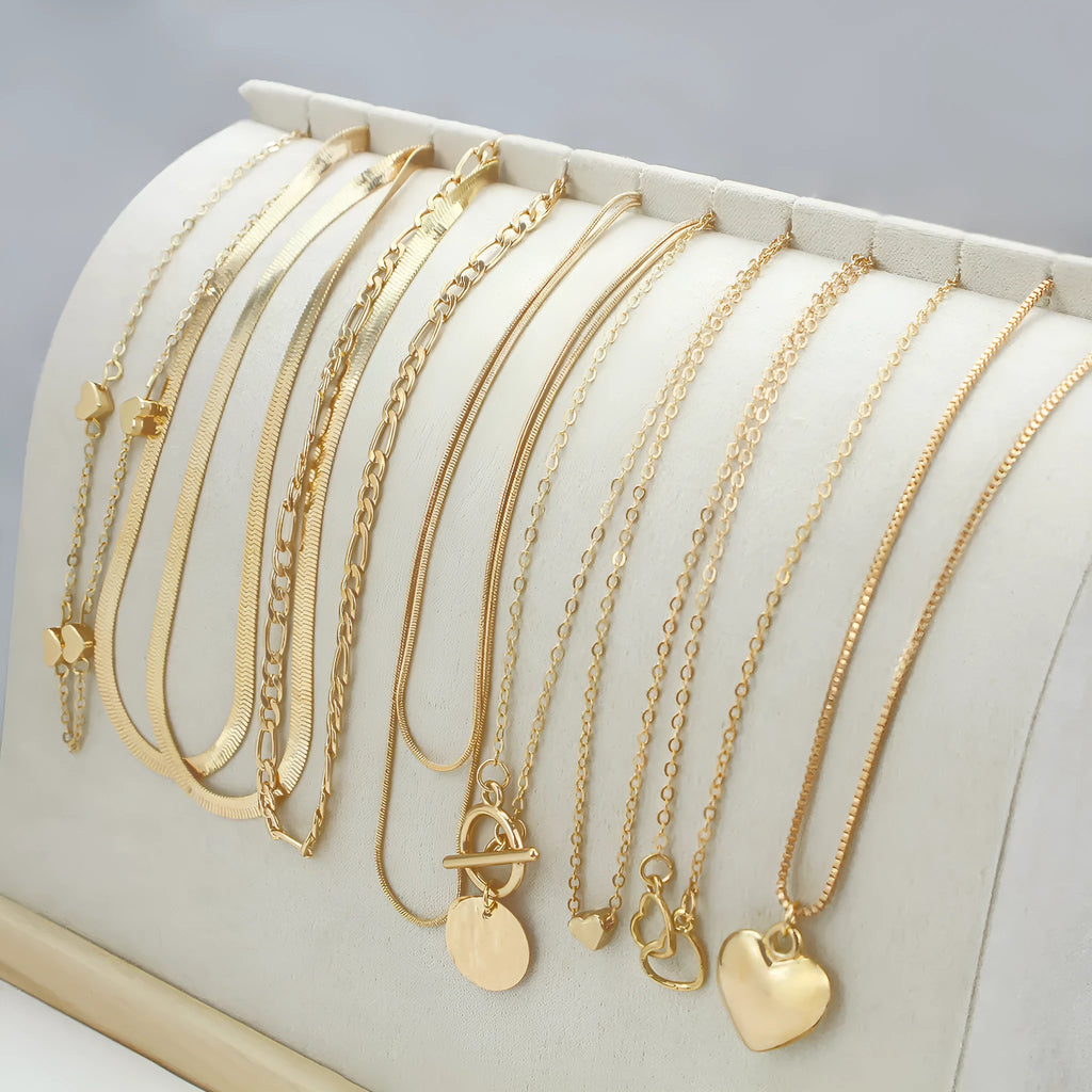 Gold necklace set with ten alloy pendants on adjustable snake bone chain