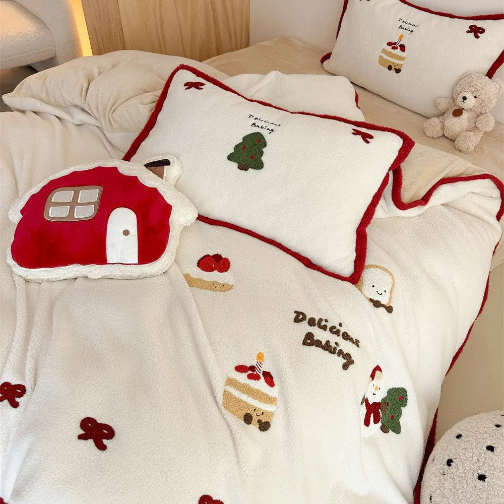 Christmas cartoon bedding four-piece set showing bed sheet, duvet cover and pillowcases with pastel milk cake pattern