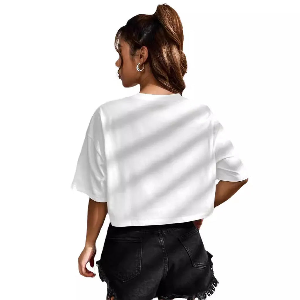 Personalised loose fit cotton navel T-shirt with English letter printing in black or white.