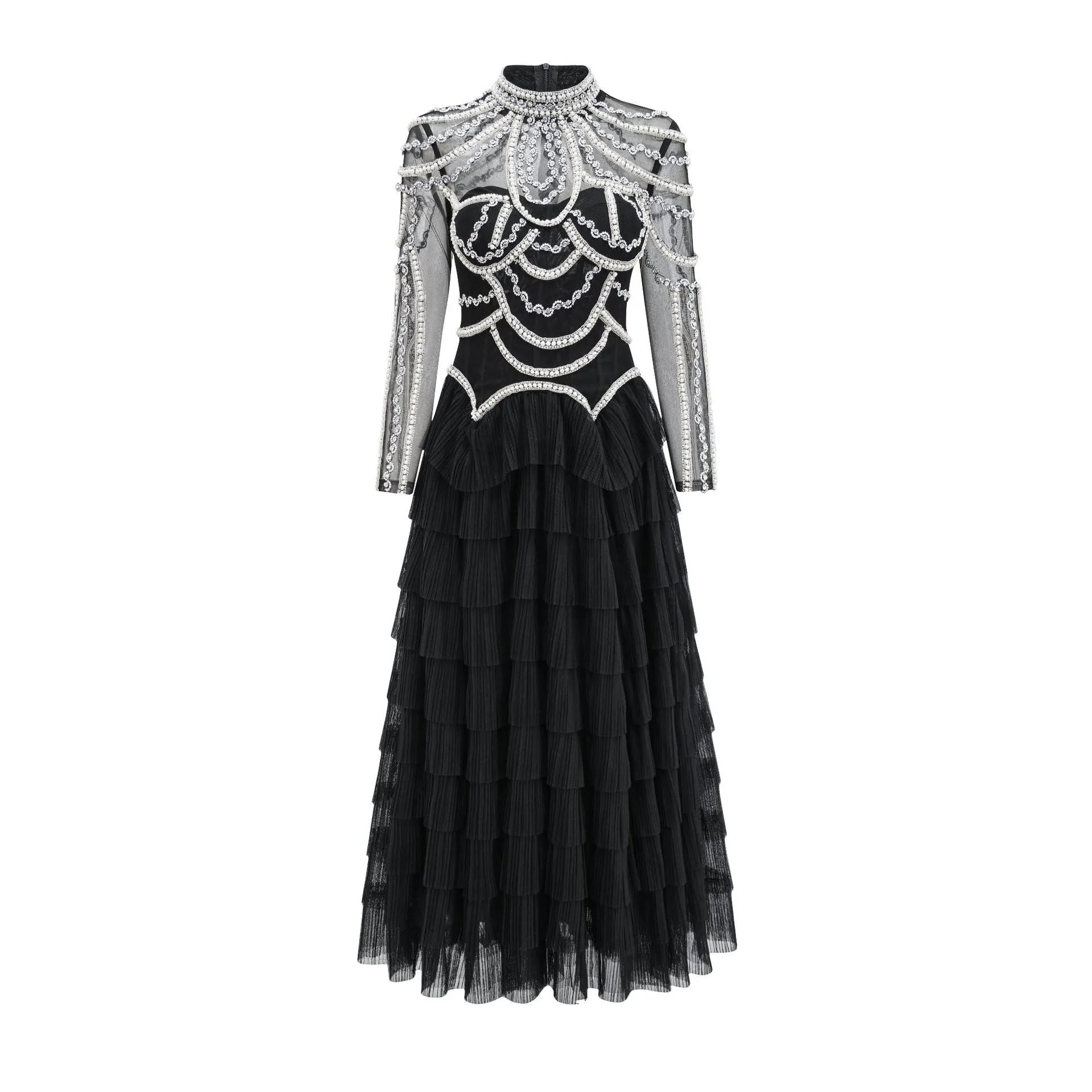 Women's black long sleeve beaded dress with decorative elements and mid waist design