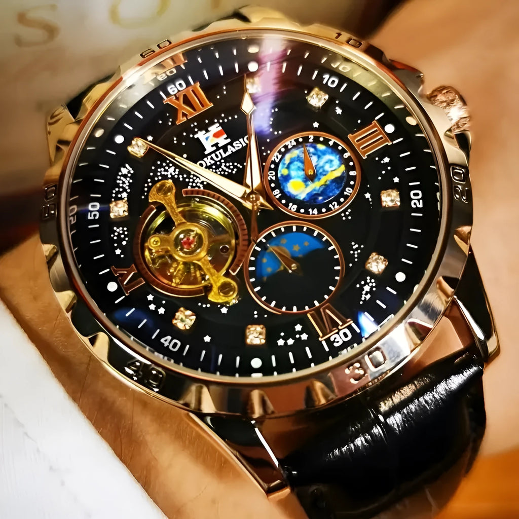 Men's automatic mechanical watch with large hollow dial, rose gold shell, and black leather strap