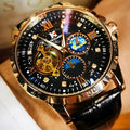 Men's automatic mechanical watch with large hollow dial, rose gold shell, and black leather strap