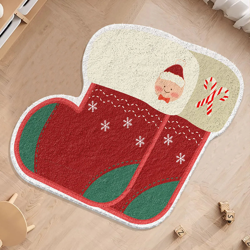 Round Christmas carpet with alien shape design in imitation cashmere material on wooden floor