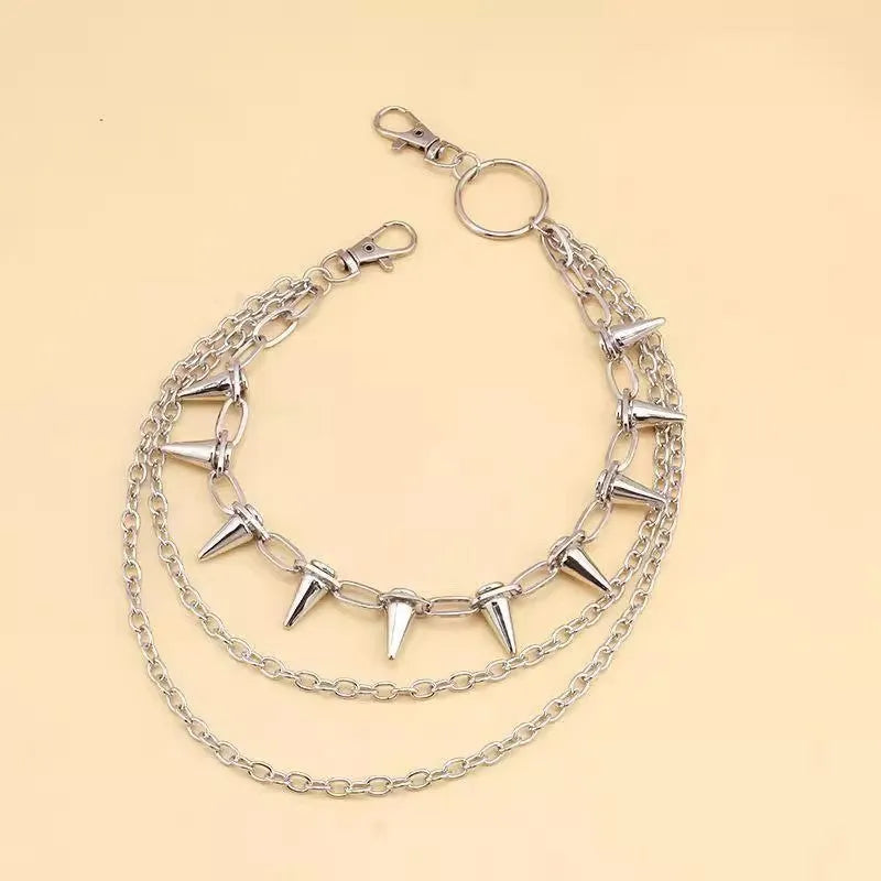 Silver metal dark punk rivet chain belt with double layer phants zipper design for trousers