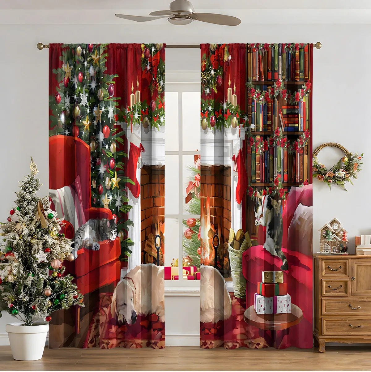 3D digitally printed Christmas curtain panel in a modern style, made from polyester fabric.
