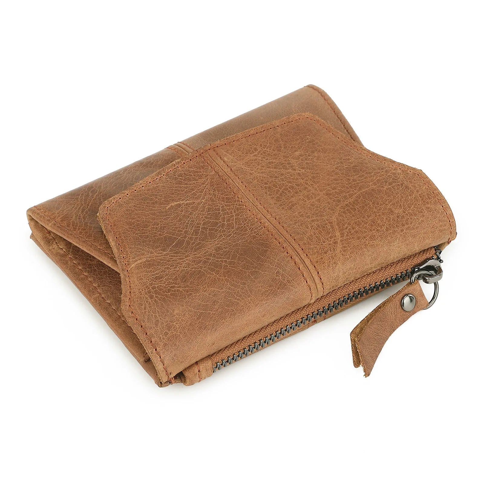 Genuine cowhide leather coin purse in multiple colours showing stitching detail and anti-theft swiping function