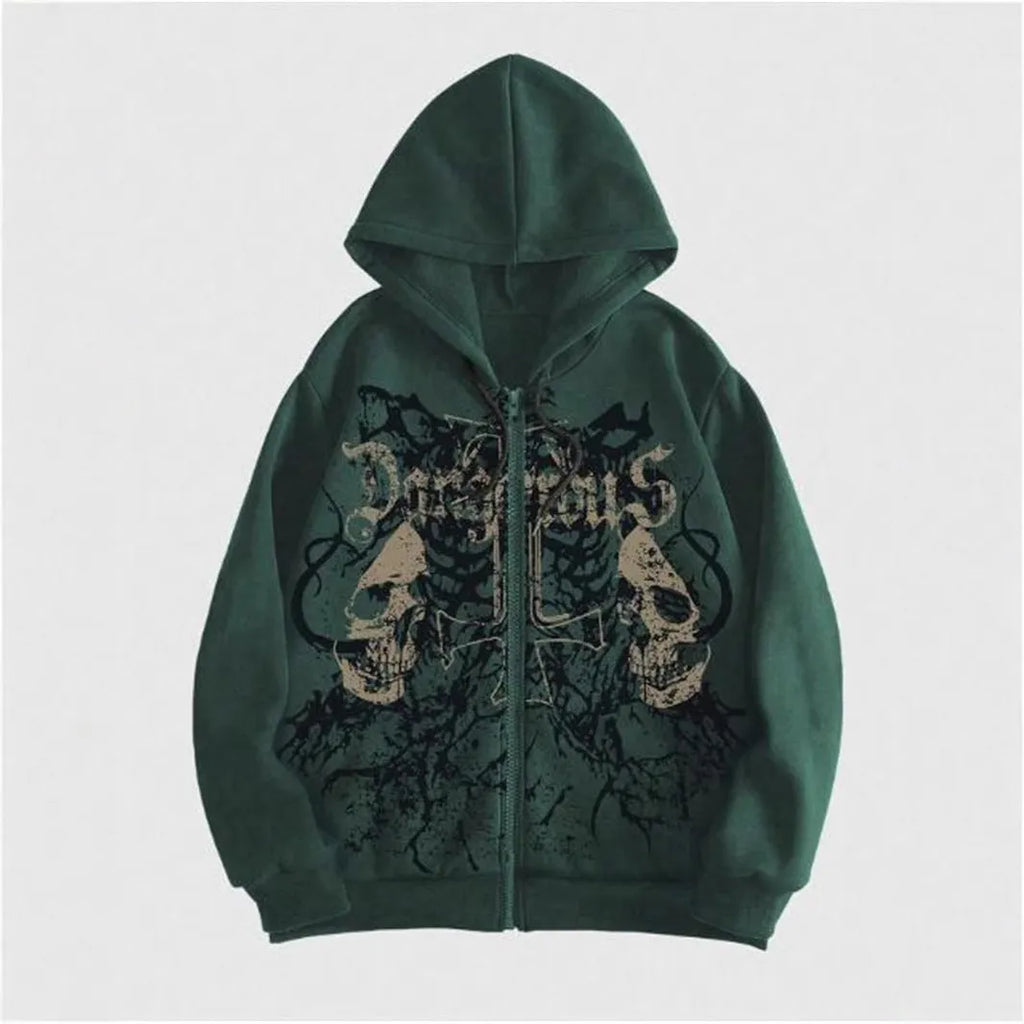 Black men's hooded sweatshirt with a detailed skull pattern print on the front, featuring long sleeves.