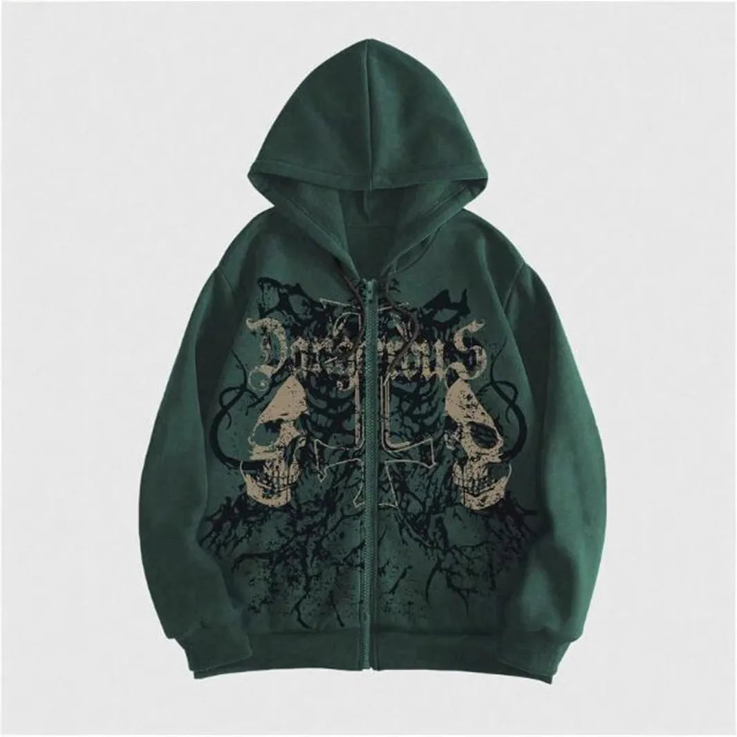 Black men's hooded sweatshirt with a detailed skull pattern print on the front, featuring long sleeves.