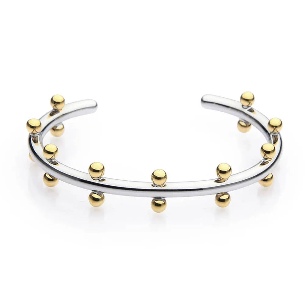 Stainless steel C-shaped bracelet with rivet-shaped bean beads and adjustable alloy chain in steel gold colour