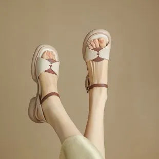 Khaki chunky heel platform open toe sandals for women made from leather