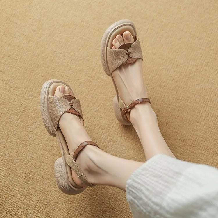 Khaki chunky heel platform open toe sandals for women made from leather