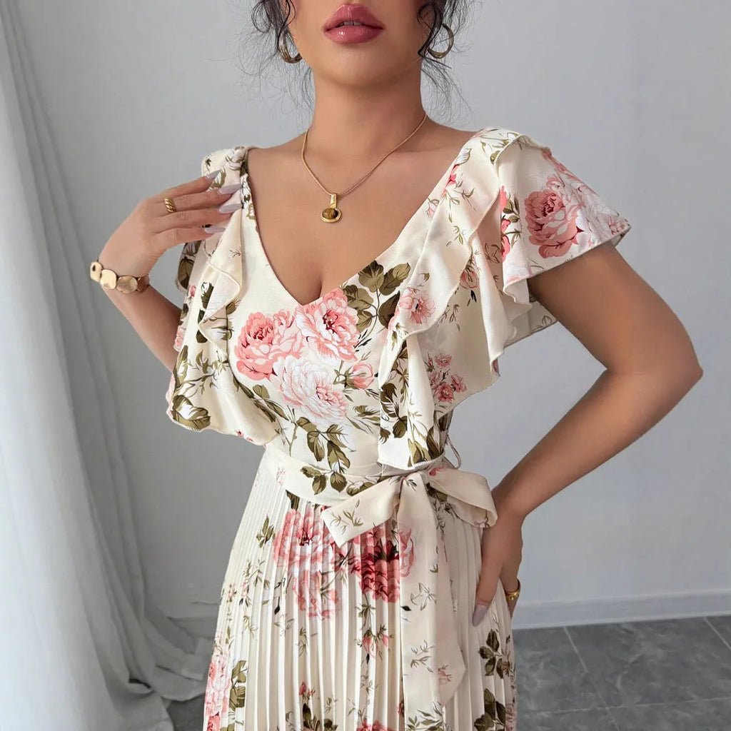 Apricot V-neck dress with digital floral print, ruffled short sleeves and oversized swing skirt