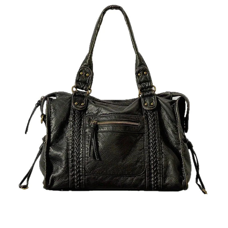 Women's brown retro soft PU messenger bag with woven detail and a single shoulder strap