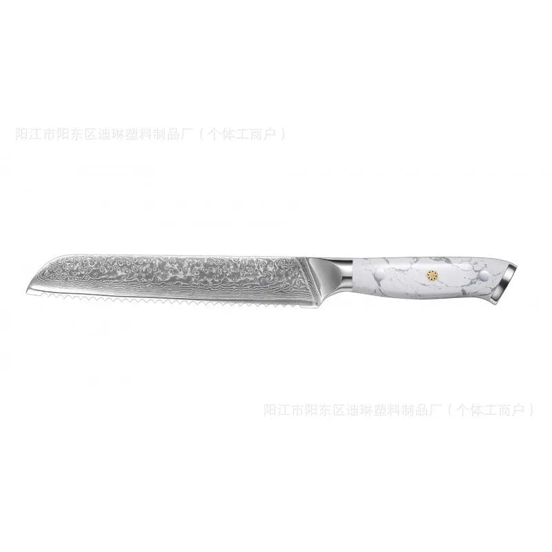 Damascus pattern chef's knife with 21cm VG10 steel blade and 11cm handle showing Japanese knife construction