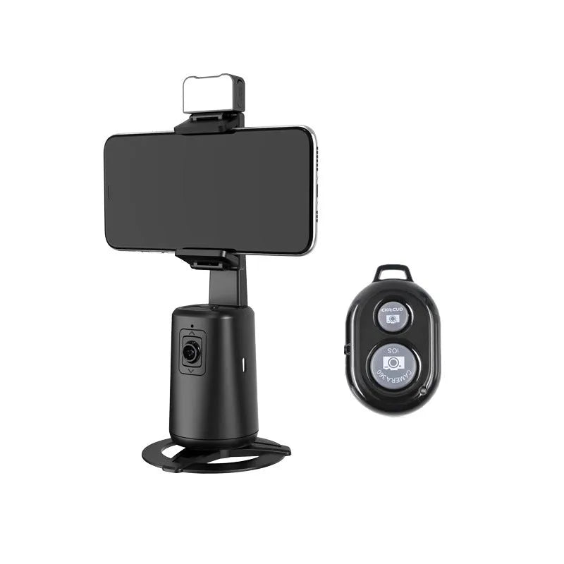 Black intelligent face tracking desktop camera bracket with rotating head and remote-controlled ribbon lights