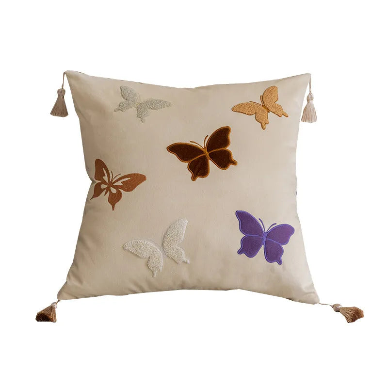 Square 45x45 cm cushion with Chinese style butterfly embroidery in beige, black, or purple