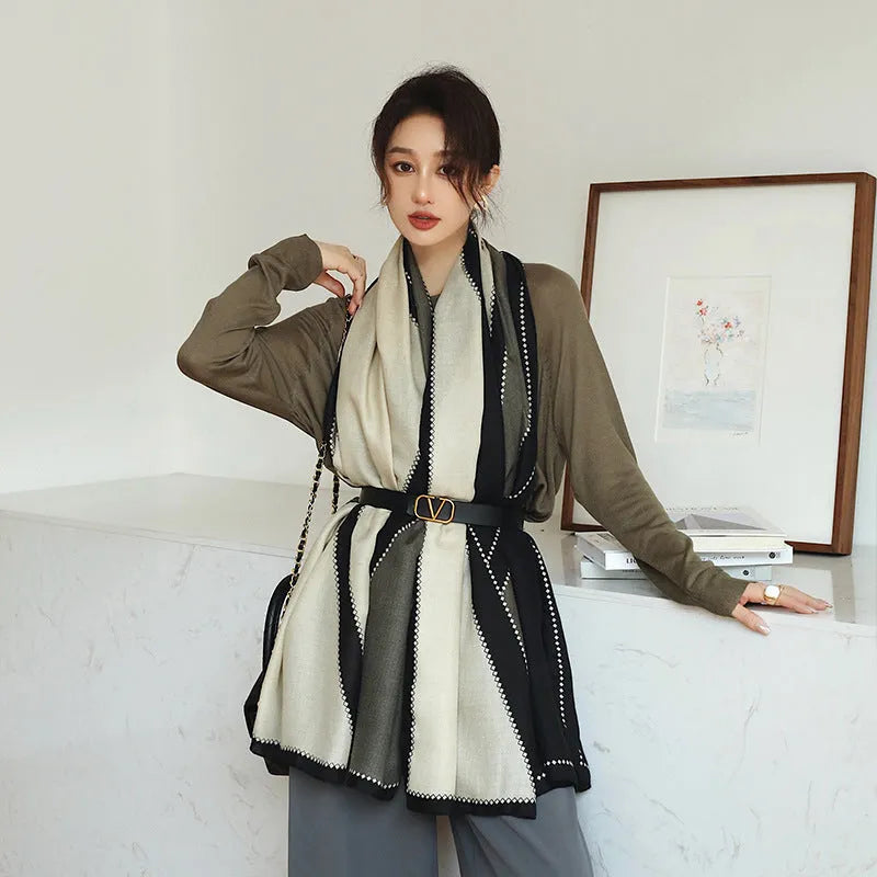 A woman wearing a printed polyester scarf, style 1, measuring 180cm by 90cm.