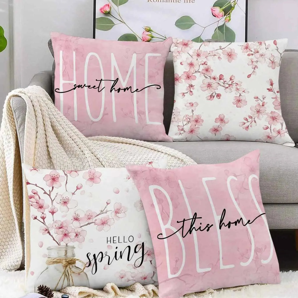 Square short velvet cushion cover with cherry blossom and letter print, 45cm, shown in one of four available colours.
