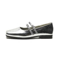 Women's silver leather ballet flats with cross-strap buckle and round toe
