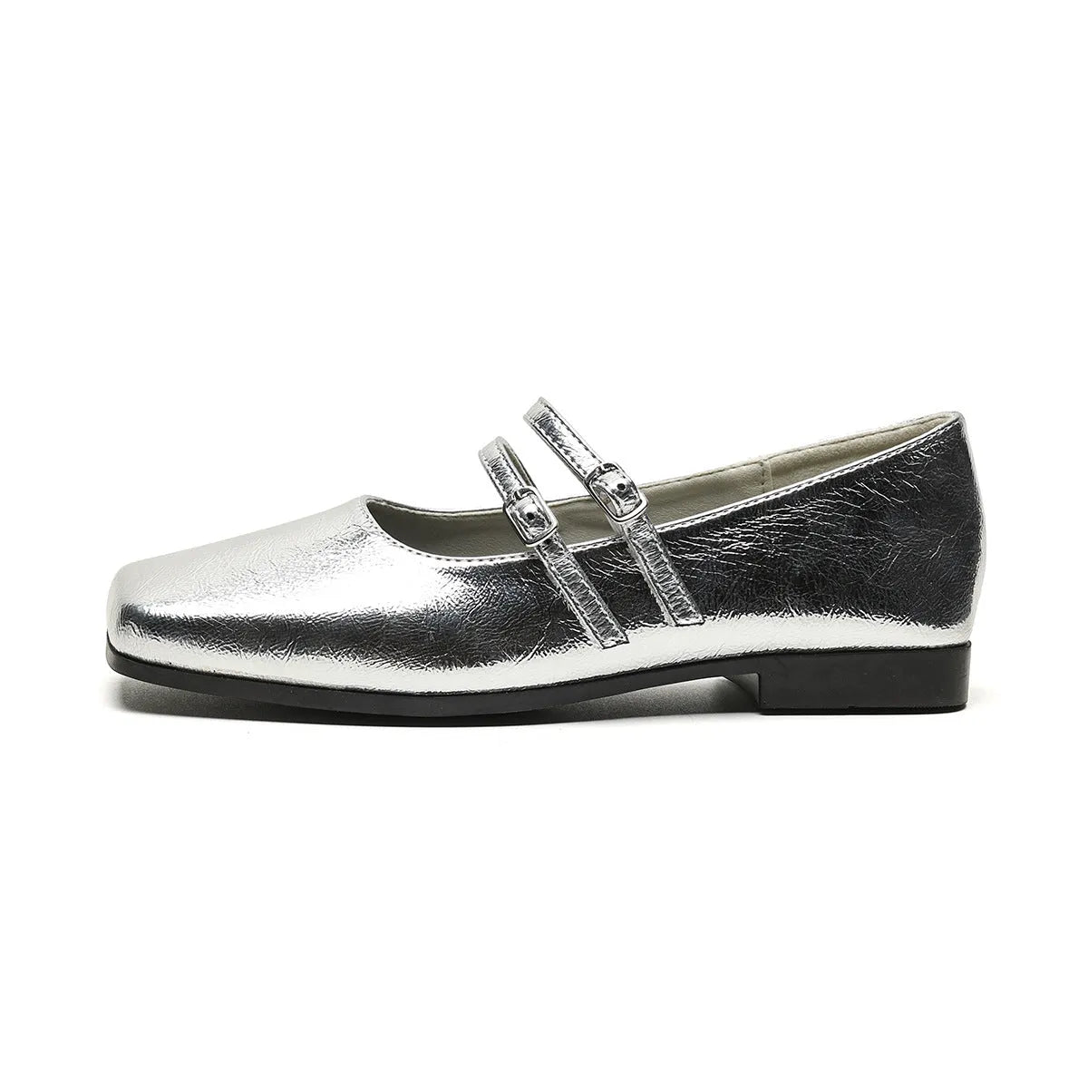 Women's silver leather ballet flats with cross-strap buckle and round toe