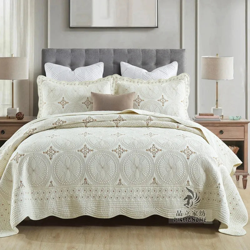 European-style pure cotton bedspread set with embroidery on bed