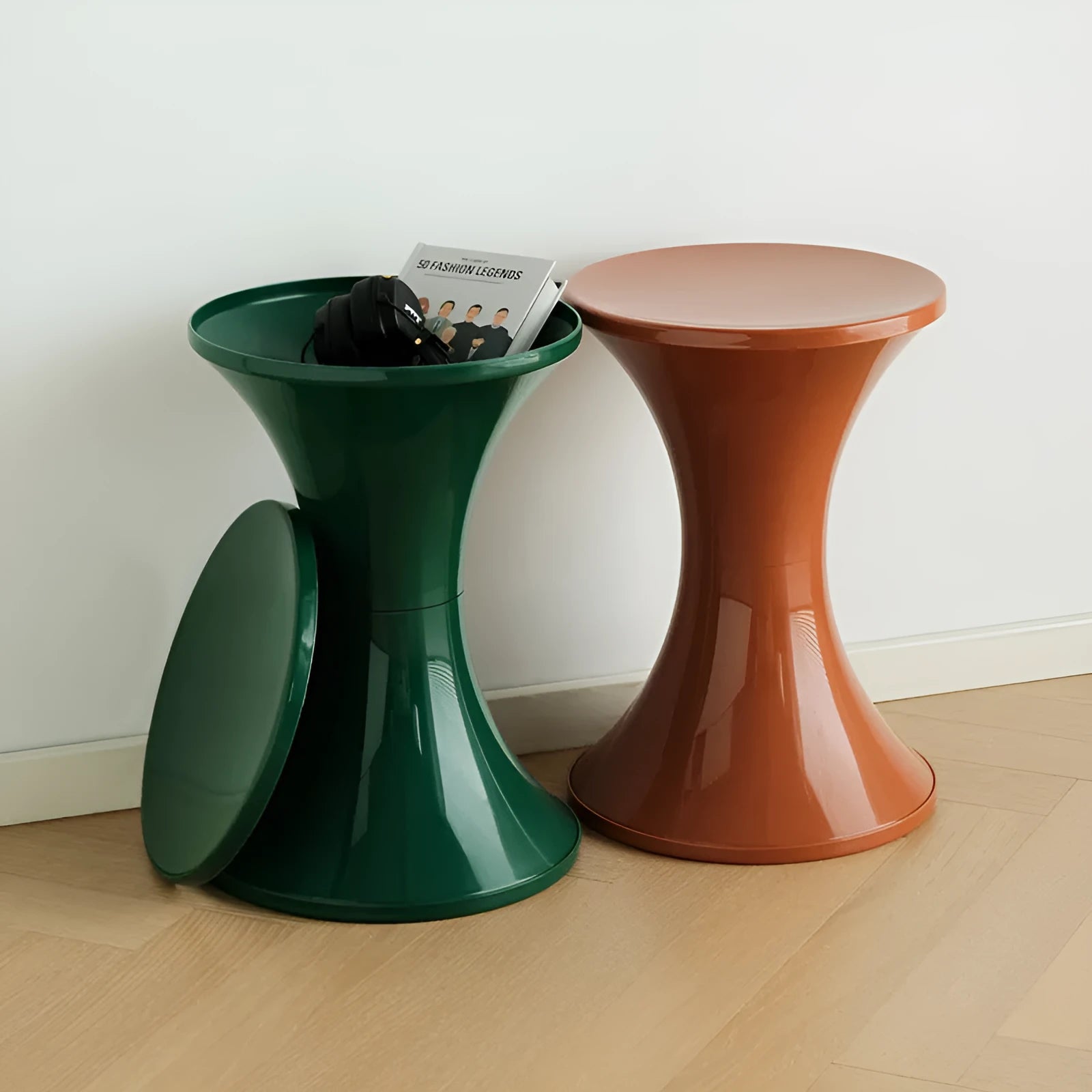 Plastic hourglass style shoe changing stool in available colours