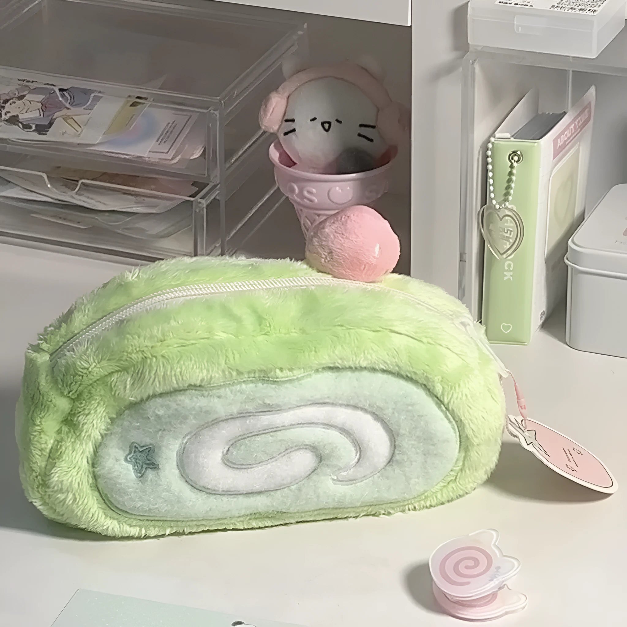 Honeydew Swiss roll cake design velvet roll-up pencil case in Korean style