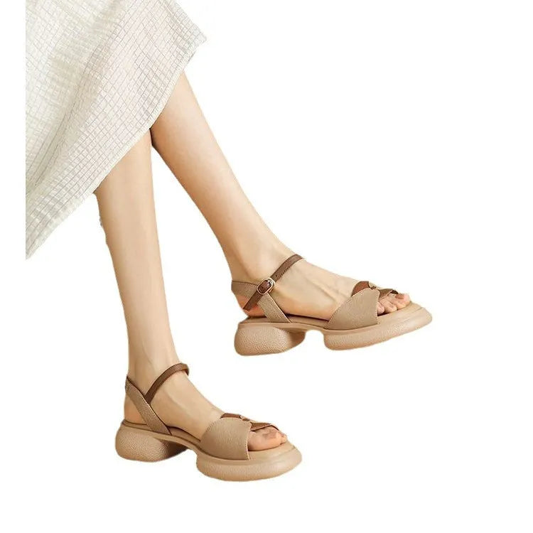 Khaki chunky heel platform open toe sandals for women made from leather