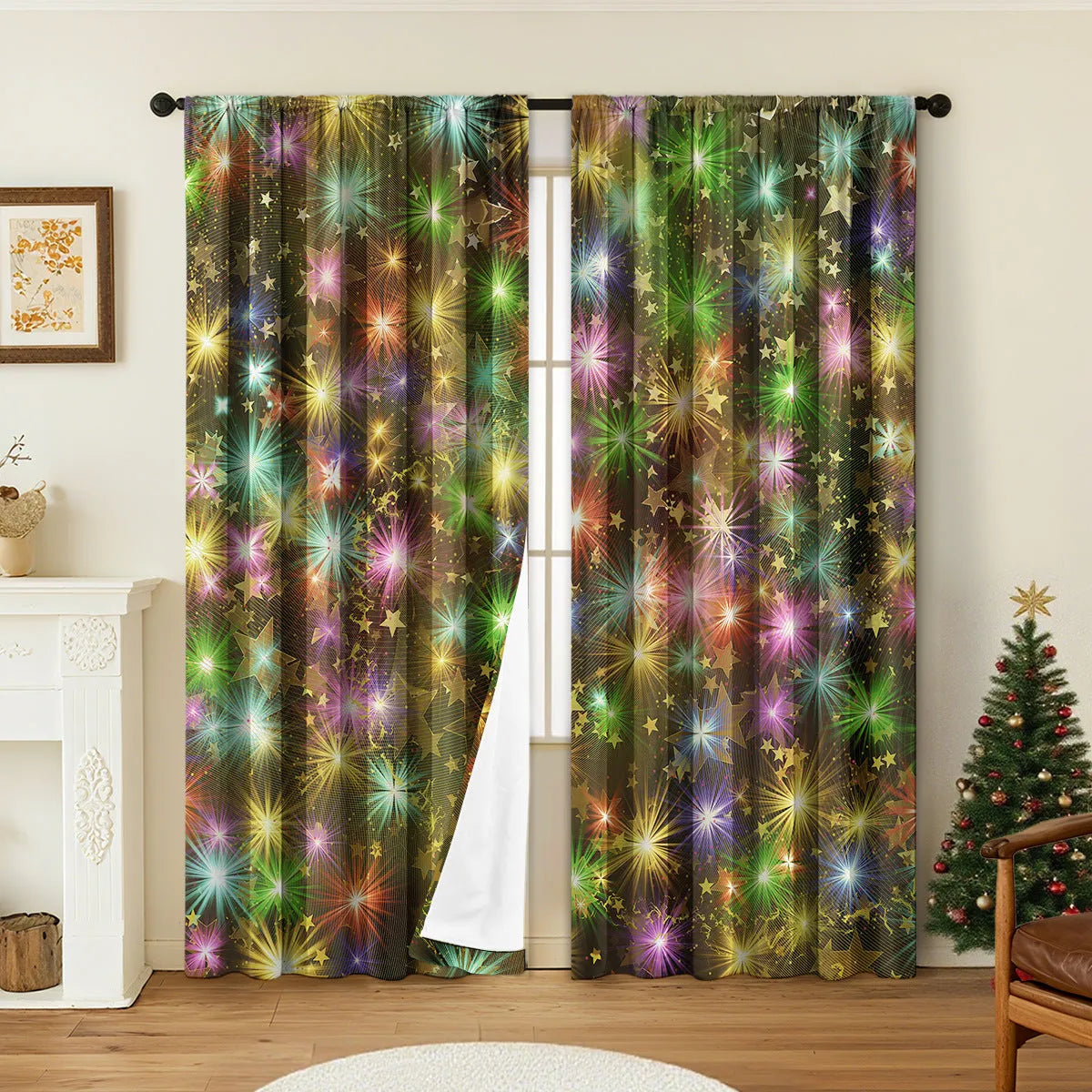 3D digitally printed Christmas curtain pair showing festive patterns on polyester fabric with sunshade properties