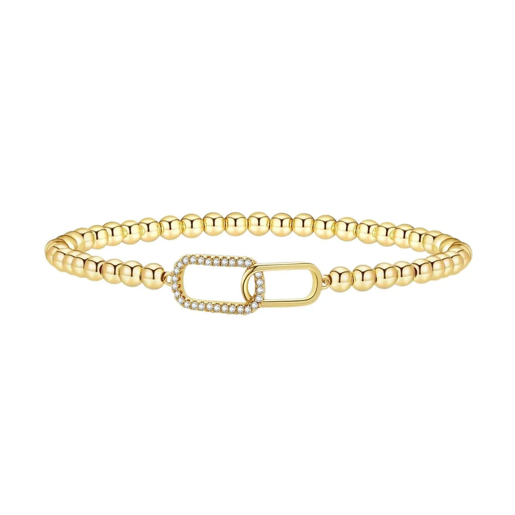Adjustable stainless steel beaded bracelet with geometric design and round elements in electroplated finish