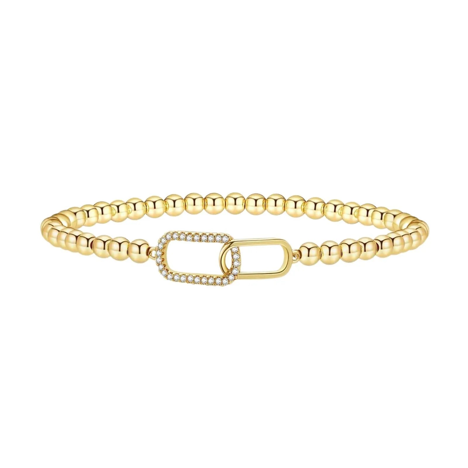 Adjustable stainless steel beaded bracelet with geometric design and round elements in electroplated finish