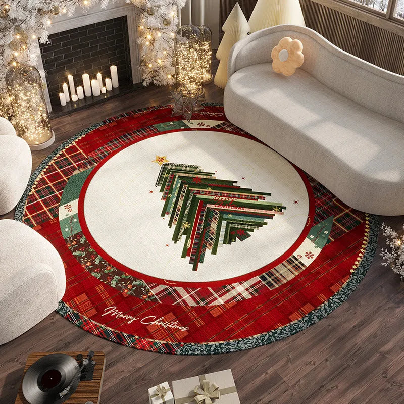 Round red Christmas floor mat with velvet texture in living room setting