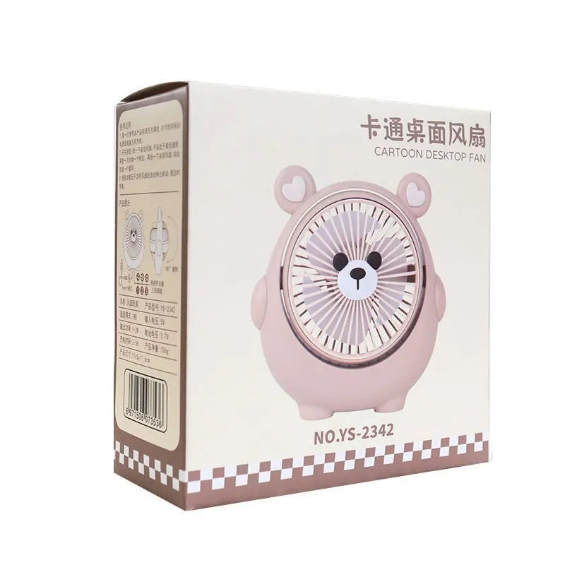 Desktop USB electric fan with cute dog design showing six colour options including bear brown and pink puppy variations
