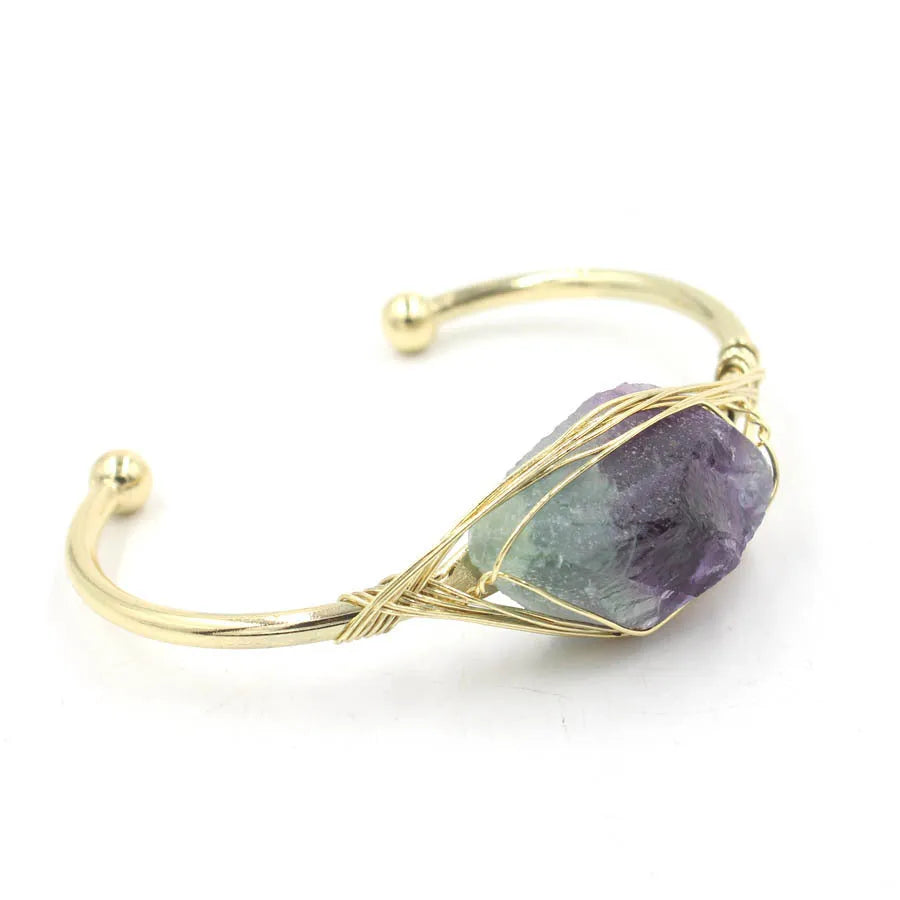 Natural raw gemstone crystal bracelet in ethnic style with simple opening, shown in one of nine colour options.