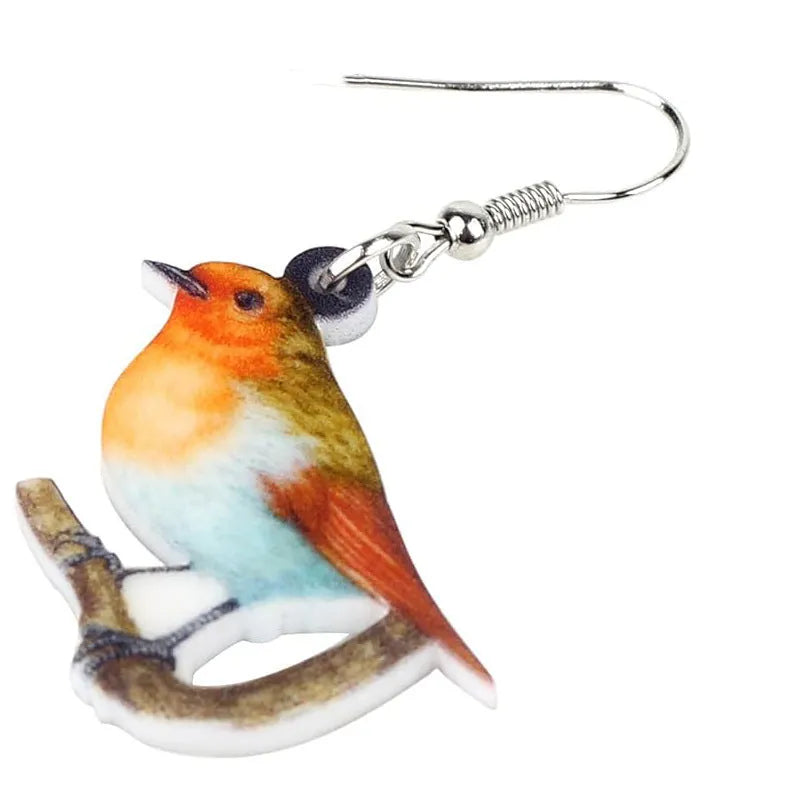 Acrylic blue titmouse pendant earrings with geometric animal and snake zodiac design in colourful printing