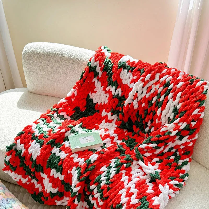 Thick striped chenille cover blanket folded to show texture and colour options including caramel mango and purple.