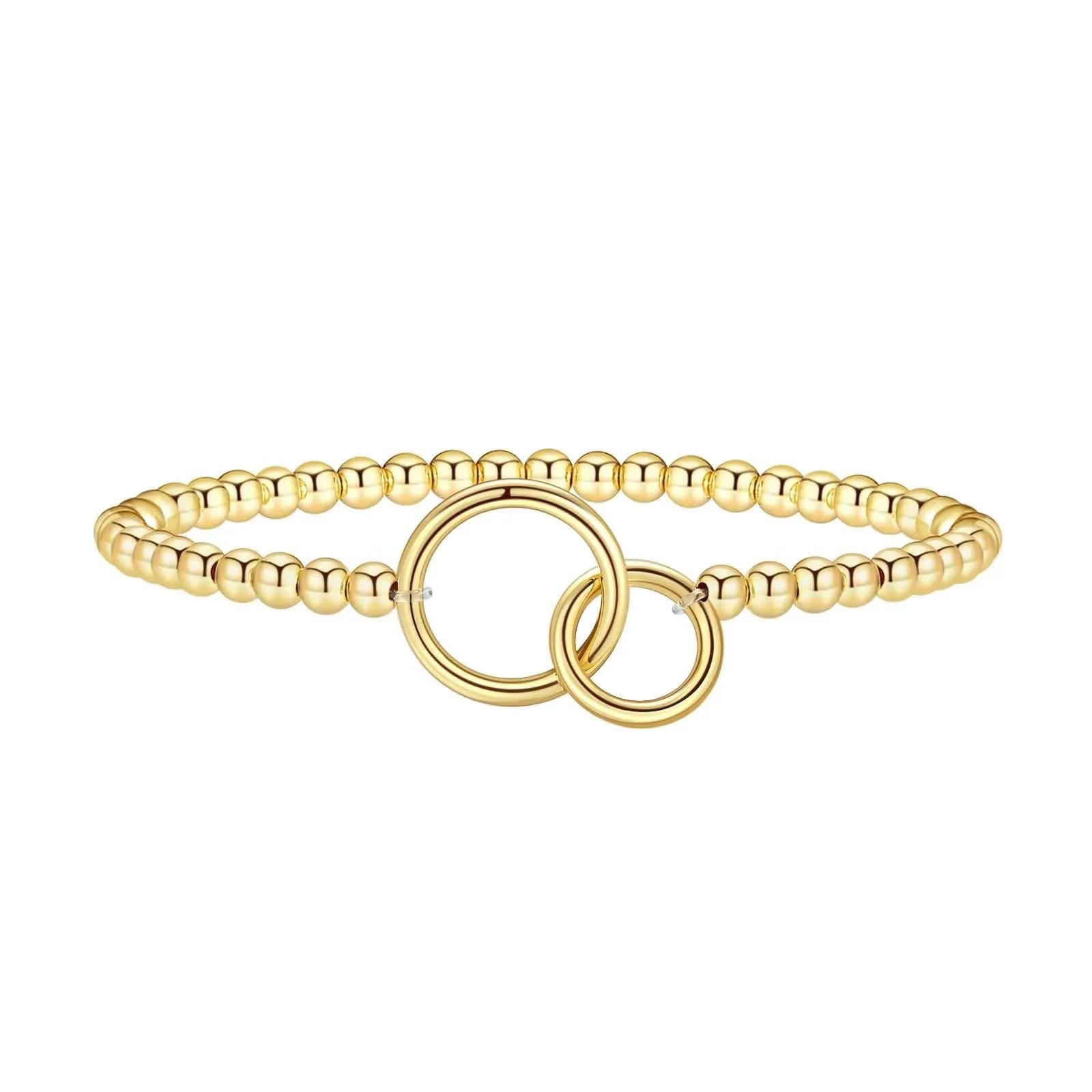 Adjustable stainless steel beaded bracelet with geometric design and round elements in electroplated finish