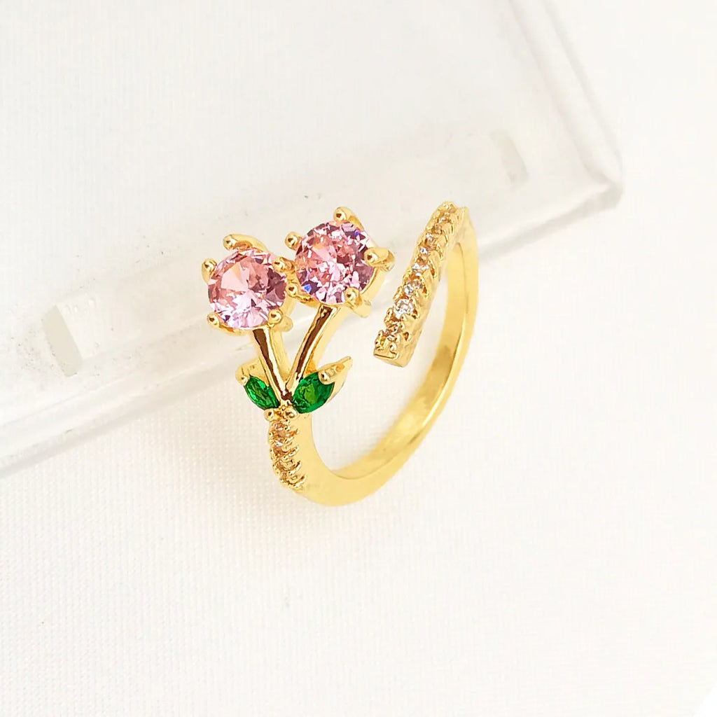 Women's geometric leaf open ring in gold plating with zircon accents on copper base