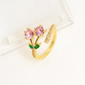 Women's geometric leaf open ring in gold plating with zircon accents on copper base