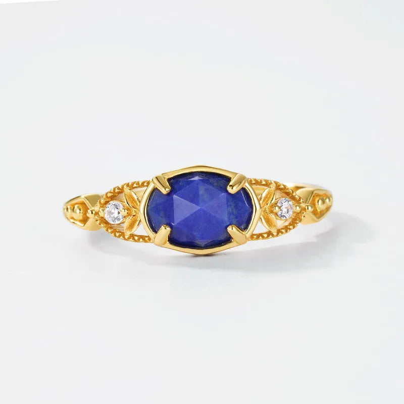 Women's Japanese minimalist lapis lazuli ring with geometric silver alloy setting and ellipse shape