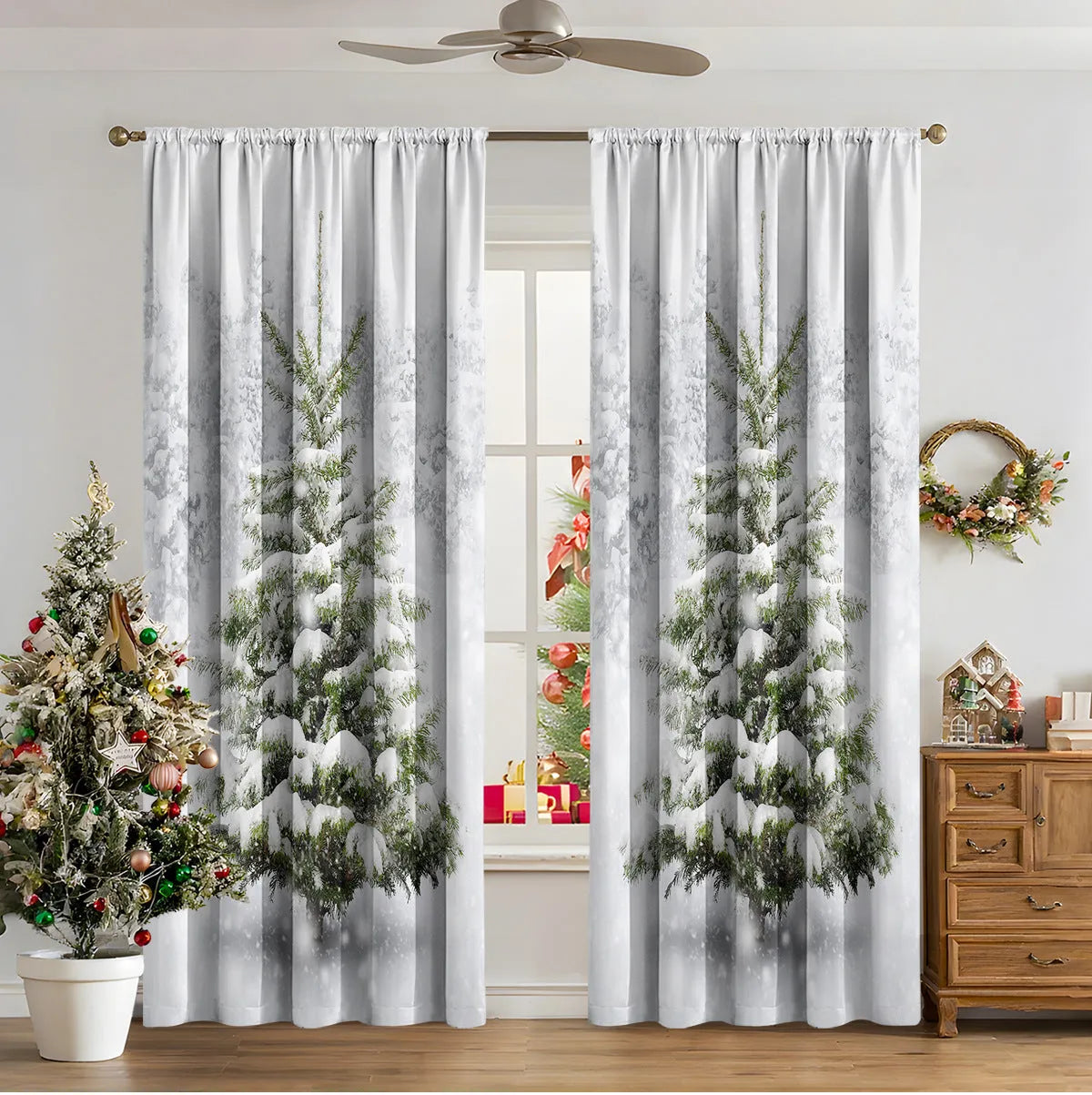 3D digitally printed Christmas curtain panel in a modern style, made from polyester fabric.