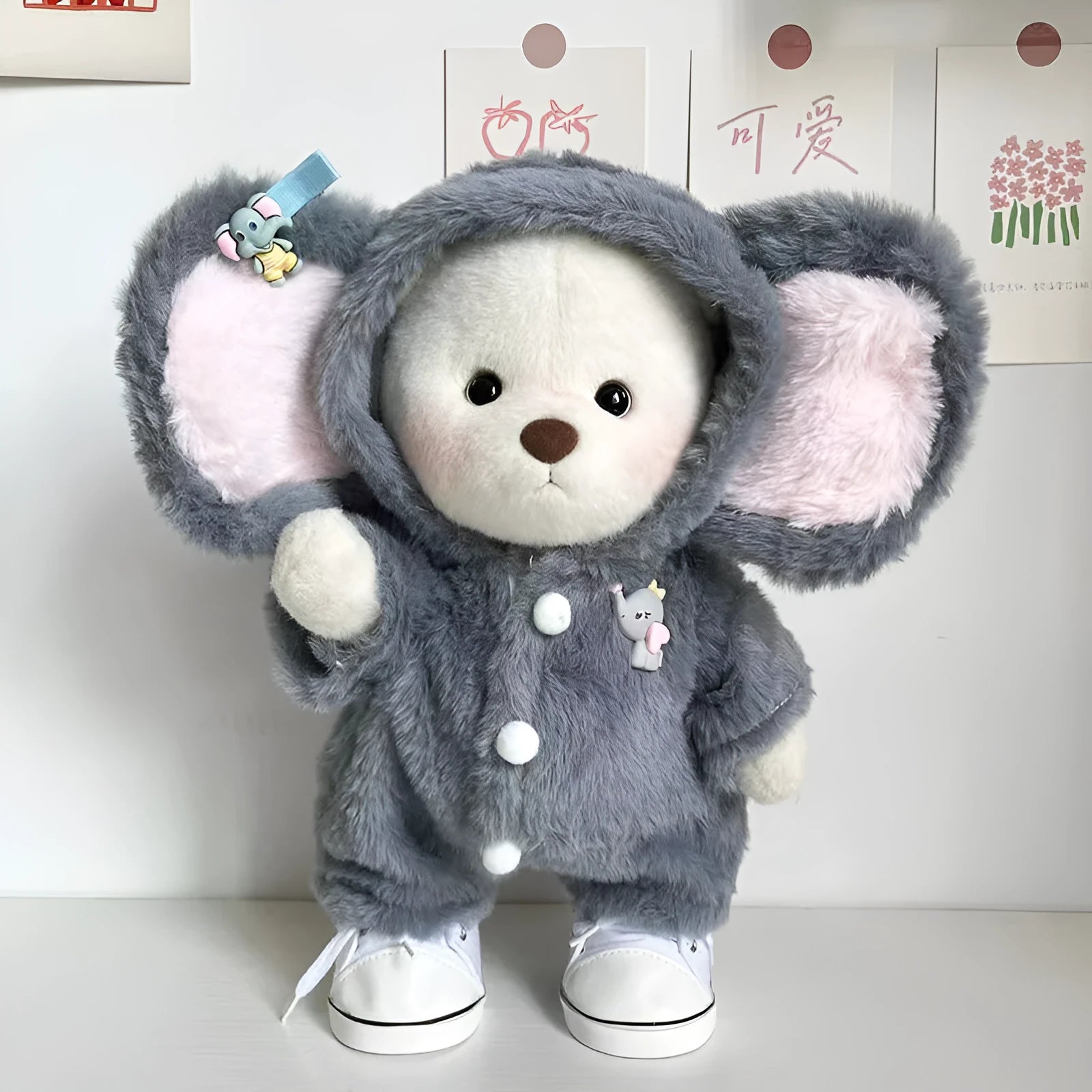 Grey elephant print plush jumpsuit for 30cm Lina bear dolls