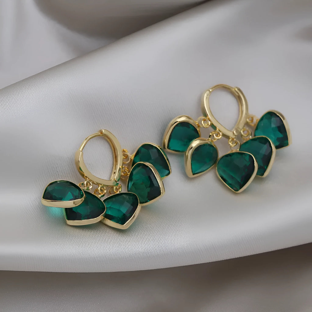 Korean style green heart pendant glass ear clip earrings with alloy inlay artificial gemstone details