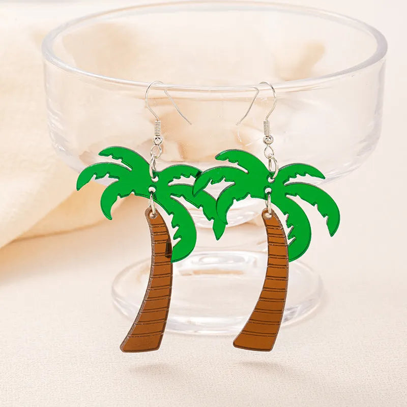Drop shaped alloy and acrylic ear hook earrings with coconut summer design in multiple colours.