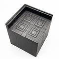 Four black thickened plastic furniture foot height increasing mats on a white background
