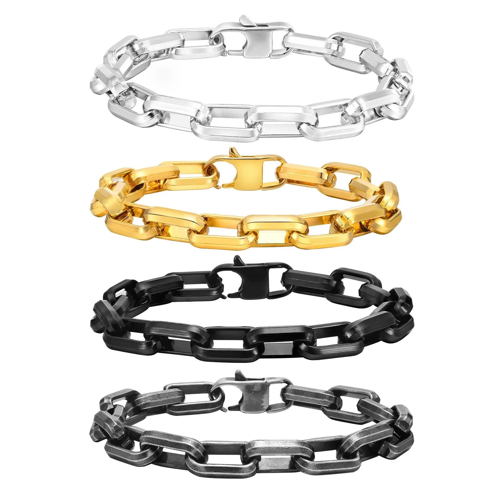 Men's simple square chain titanium steel bracelet in electroplated steel, gold, black, and retro colours.