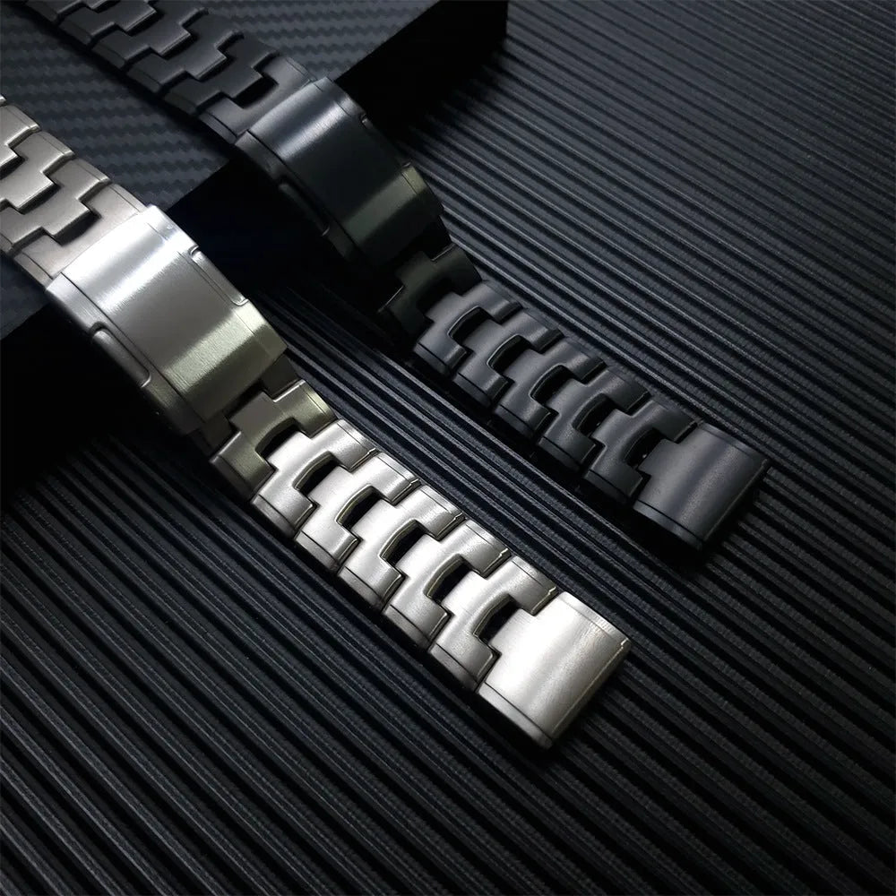 Metal watch strap for Garmin Fenix Jiaming in black, silver, titanium colours, showing 22mm and 26mm width options.